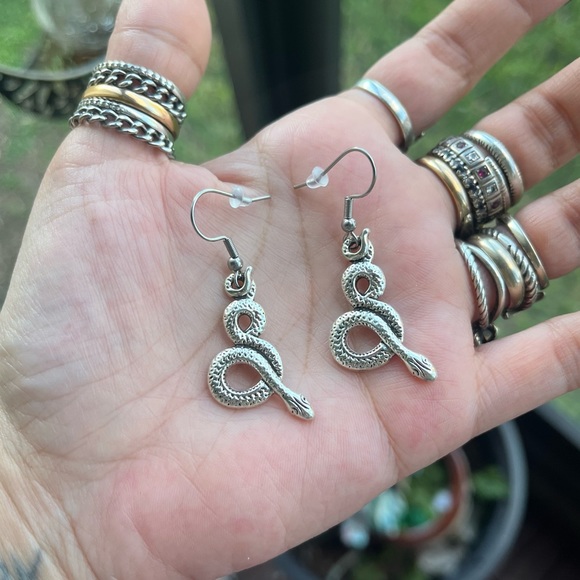 Set ! Obsidian double layer necklace snake + matching earrings boho goth celtic - Picture 8 of 10